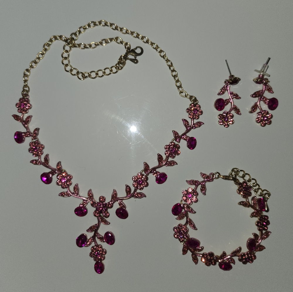 3 Piece Pink & Gold-toned Jewelry Set: Necklace, Bracelet, Earrings